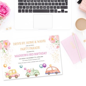 May include: A pink and white birthday party invitation with a drive-by honk and wave theme. The invitation features a floral design with three cartoon cars and the text "Drive By, Honk & Wave! Join us for a Party Parade Celebrating Madison's 3rd Birthday Saturday, November 7th, 12PM-3PM 123 Happy Parade, Eastlakes 2015 Follow the sign to enjoy curbside treats and favors."