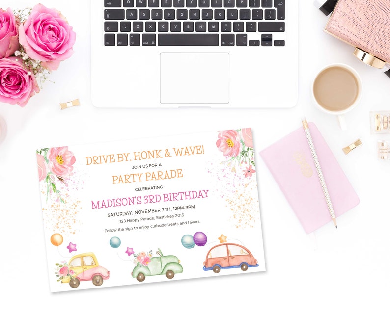 May include: A pink and white birthday party invitation with a drive-by honk and wave theme. The invitation features a floral design with three cartoon cars and the text "Drive By, Honk & Wave! Join us for a Party Parade Celebrating Madison's 3rd Birthday Saturday, November 7th, 12PM-3PM 123 Happy Parade, Eastlakes 2015 Follow the sign to enjoy curbside treats and favors."