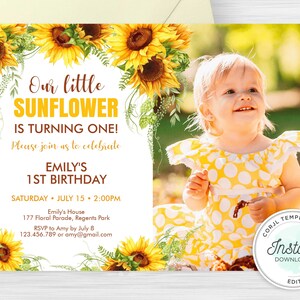 May include: A sunflower-themed first birthday invitation featuring a photograph of a baby girl wearing a yellow polka dot dress. The invitation reads "Our little sunflower is turning one!" and provides the date, time, and location of the party.