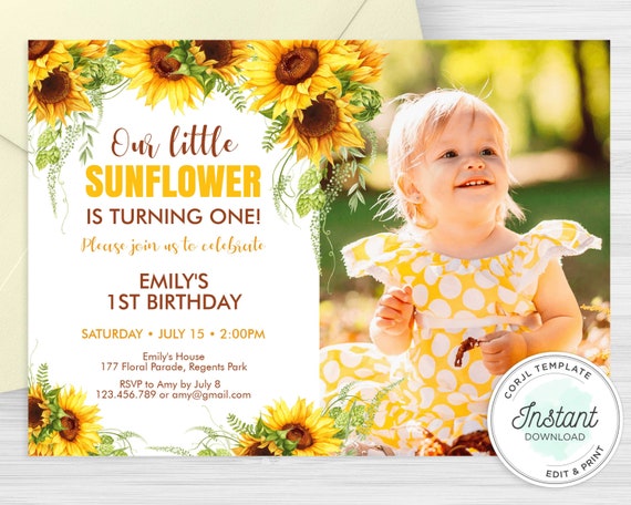 Editable Sunflower Birthday Invitation Template Floral First Etsy