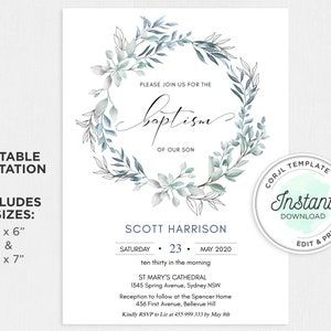 May include: Editable baptism invitation template with a watercolor wreath of blue and gray leaves. The text reads "Please join us for the baptism of our son Scott Harrison, Saturday, May 23, 2020, ten thirty in the morning, St. Mary's Cathedral, 1345 Spring Avenue, Sydney NSW, Reception to follow at the Spencer Home, 456 First Avenue, Bellevue Hill, Kindly RSVP to Liz at 455 999 333 by May 8th".