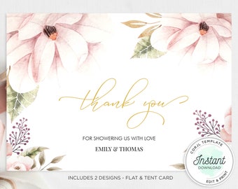 Cartes de remerciement florales pour baby shower : modèle rose poudré (téléchargement numérique)