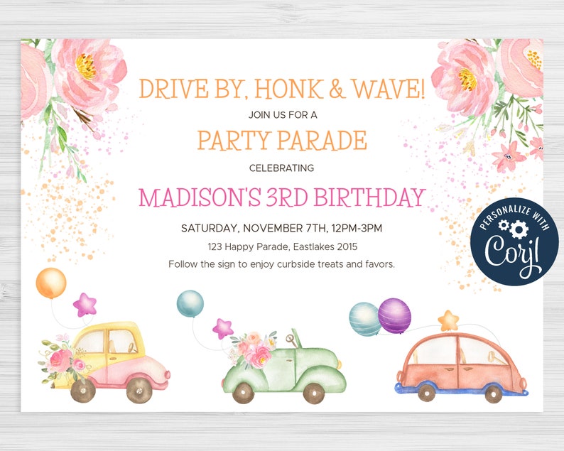May include: Drive-by birthday party invitation with a pink, green, and red car illustration. The invitation says "Drive by, Honk & Wave! Join us for a Party Parade Celebrating Madison's 3rd Birthday. Saturday, November 7th, 12PM-3PM. 123 Happy Parade, Eastlakes 2015. Follow the sign to enjoy curbside treats and favors."