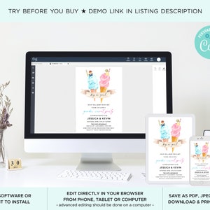 K&ouml;nnte beinhalten: Ein digitales Mockup einer Einladung zu einer Gender-Reveal-Party mit einer Aquarell-Illustration von zwei Eiswaffeln, eine blau und eine rosa, mit dem Text "boy or girl?" und "gender reveal party". Die Einladung wird auf einem Computerbildschirm, einem Tablet und einem Smartphone angezeigt.