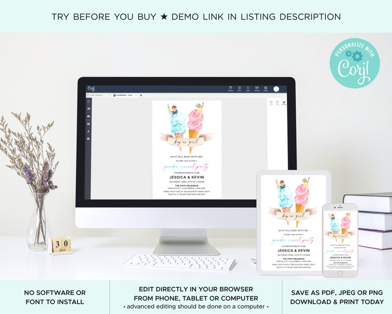 K&ouml;nnte beinhalten: Ein digitales Mockup einer Einladung zu einer Gender-Reveal-Party mit einer Aquarell-Illustration von zwei Eiswaffeln, eine blau und eine rosa, mit dem Text "boy or girl?" und "gender reveal party". Die Einladung wird auf einem Computerbildschirm, einem Tablet und einem Smartphone angezeigt.