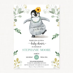 May include: A baby shower invitation featuring a watercolour illustration of a penguin wearing a flower crown and a lei. The text reads "a sweet little one is on the way" and "Please join us for a baby shower in honour of Stephanie Moore". The date is Saturday 23rd March from 3pm. The location is The Moore Residence, 12 Main St, Alexandria NSW 2015. RSVP to Hannah by 14th March at 412 345 678. Registry at Target and David Jones.