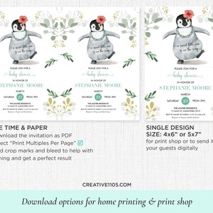 May include: Printable baby shower invitation featuring a cute cartoon penguin wearing a lei and a flower on its head. The invitation is decorated with green and gold floral elements. The text on the invitation reads "Please join for a baby shower in honour of Stephanie Moore, March 23rd, from 3pm, The Moore Residence, 12 Main St, Alexandria 2015, RSVP to [phone number] by March 14th at 4:12:34:56:78. Register at [website address]."