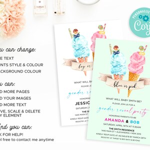 K&ouml;nnte beinhalten: Eine Einladung zu einer Gender Reveal Party mit einem Design aus blauen und rosa Eisbechern. Der Text lautet "What will baby Smith be? Please join us for a gender reveal party honouring parents-to-be Amanda & Bob. Saturday, April 14th at 11:30am. The Smith Residence, 1445 Main St, Alexandria, NSW 2015. Kindly RSVP Kate at 412.345.678 by March 28th. Registry at Target & Bed Bath & Beyond."