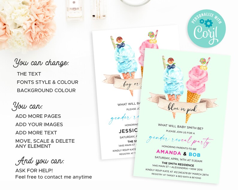 K&ouml;nnte beinhalten: Eine Einladung zu einer Gender Reveal Party mit einem Design aus blauen und rosa Eisbechern. Der Text lautet "What will baby Smith be? Please join us for a gender reveal party honouring parents-to-be Amanda & Bob. Saturday, April 14th at 11:30am. The Smith Residence, 1445 Main St, Alexandria, NSW 2015. Kindly RSVP Kate at 412.345.678 by March 28th. Registry at Target & Bed Bath & Beyond."