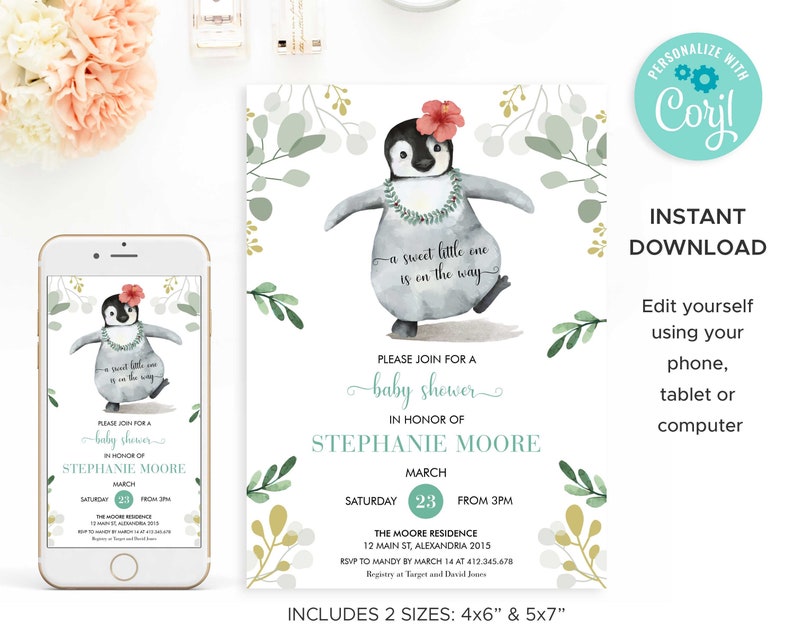 Eucalyptus Baby Shower Invitation: Penguin Girl Invite (INSTANT DOWNLOAD) image 3