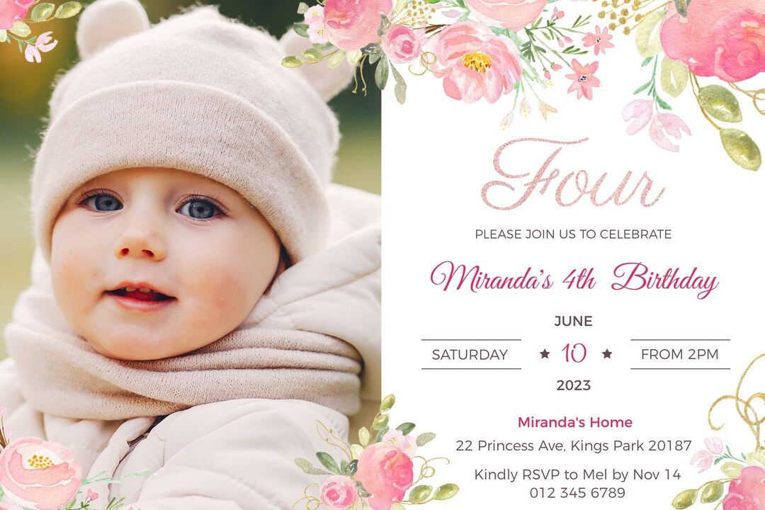 EDITABLE 4th Birthday Girl Invitation With Photo MIRANDA Etsy