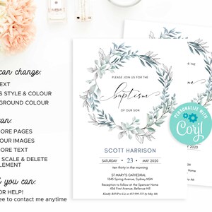 May include: A customizable baptism invitation with a watercolor wreath of eucalyptus leaves and branches. The invitation features the text "Please join us for the baptism of our son" and the name "Scott Harrison".