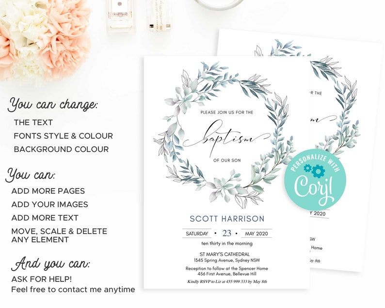 May include: A customizable baptism invitation with a watercolor wreath of eucalyptus leaves and branches. The invitation features the text "Please join us for the baptism of our son" and the name "Scott Harrison".