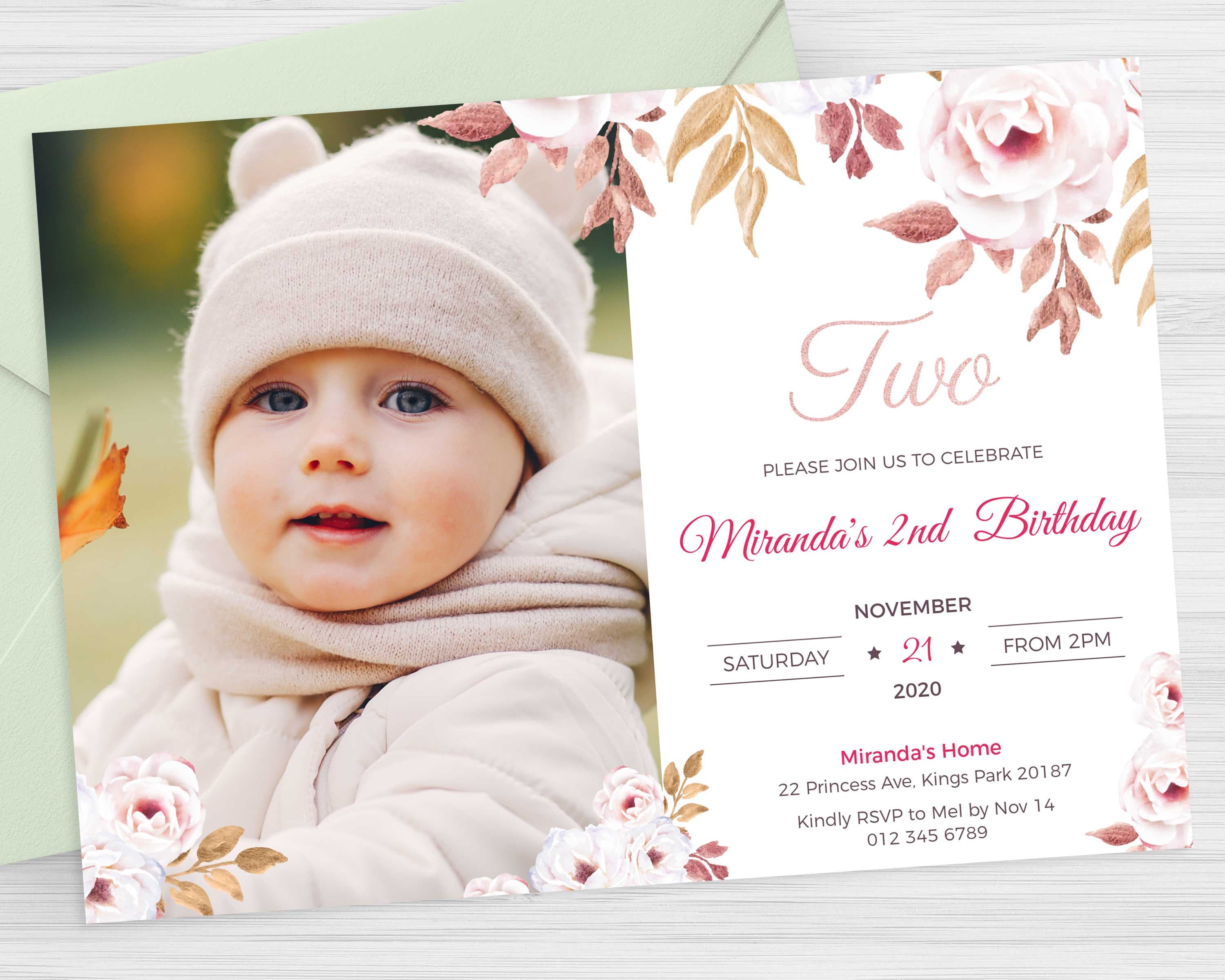 EDITABLE 2nd Birthday Girl Invitation, Picture Invitation, Toddler