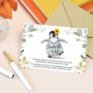 May include: A baby shower invitation card featuring a cartoon penguin wearing a flower and a lei. The card reads "books for baby" and requests guests to bring a book instead of a card.