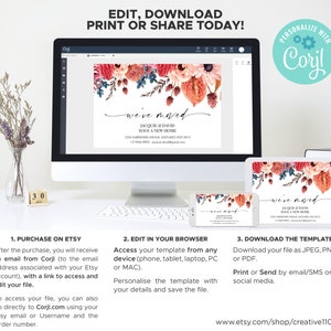 May include: A digital mockup of a printable "We've Moved" announcement card with a floral design in shades of red, orange, and blue. The card features a handwritten-style font and includes the text "We've Moved" and "Jacquie & David Have a New Home". The card is displayed on a computer screen, tablet, and smartphone.