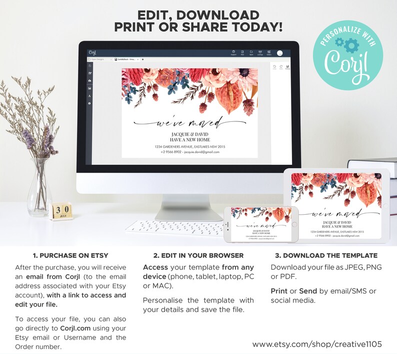 May include: A digital mockup of a printable "We've Moved" announcement card with a floral design in shades of red, orange, and blue. The card features a handwritten-style font and includes the text "We've Moved" and "Jacquie & David Have a New Home". The card is displayed on a computer screen, tablet, and smartphone.