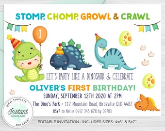 Dinosaurier Einladung zum 1. Geburtstag: Dino Party Invite (Digitaler Download)