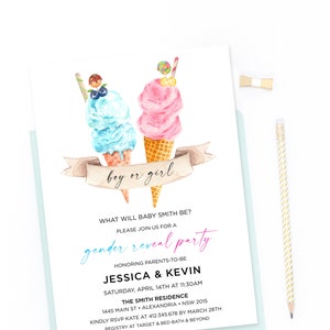 K&ouml;nnte beinhalten: Eine Einladung zu einer Gender-Reveal-Party mit einer Aquarell-Illustration von zwei Eiswaffeln, eine blau und eine rosa, mit dem Text "boy or girl" auf einem Banner. Die Einladung enth&auml;lt den Text "What will baby Smith be? Please join us for a gender reveal party honouring parents-to-be Jessica & Kevin Saturday, April 14th at 11:30am The Smith Residence 1445 Main St. Alexandria, NSW 2015 Kindly RSVP Kate at 412.345.678 by March 28th Registry at Target & Bed Bath & Beyond"