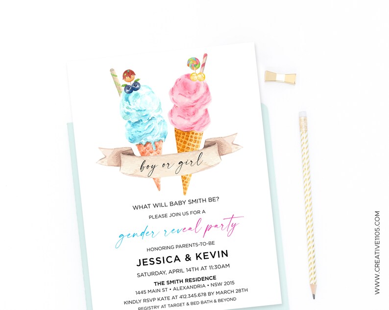 K&ouml;nnte beinhalten: Eine Einladung zu einer Gender-Reveal-Party mit einer Aquarell-Illustration von zwei Eiswaffeln, eine blau und eine rosa, mit dem Text "boy or girl" auf einem Banner. Die Einladung enth&auml;lt den Text "What will baby Smith be? Please join us for a gender reveal party honouring parents-to-be Jessica & Kevin Saturday, April 14th at 11:30am The Smith Residence 1445 Main St. Alexandria, NSW 2015 Kindly RSVP Kate at 412.345.678 by March 28th Registry at Target & Bed Bath & Beyond"