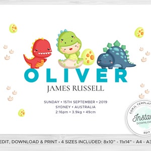 May include: A printable baby announcement featuring a cute dinosaur theme. The announcement includes the baby's name, Oliver James Russell, birth date, time, weight, and length. The announcement is decorated with colorful dinosaurs and footprints.