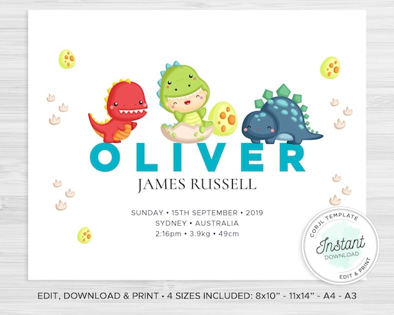 Dinosaur Nursery Room Wall Art Kids Room Decor Baby Name Print With Birth Details Corjl Instant Download Dn19 By Creative1105 Catch My Party