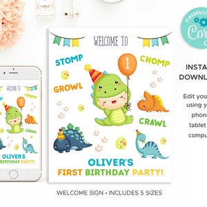 May include: A printable welcome sign for a first birthday party with a dinosaur theme. The sign features a green dinosaur wearing a party hat and holding a balloon with the number 1 on it. The sign also includes the words "Welcome to Oliver's First Birthday Party!" and the text "Stomp, Growl, Chomp, Crawl".