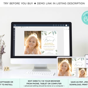 May include: A digital mockup of a baptism invitation with a watercolor design of green leaves and gold accents. The invitation features the text "Baptism of Elizabeth Grace Evans". The invitation is displayed on a computer screen, tablet, and phone.