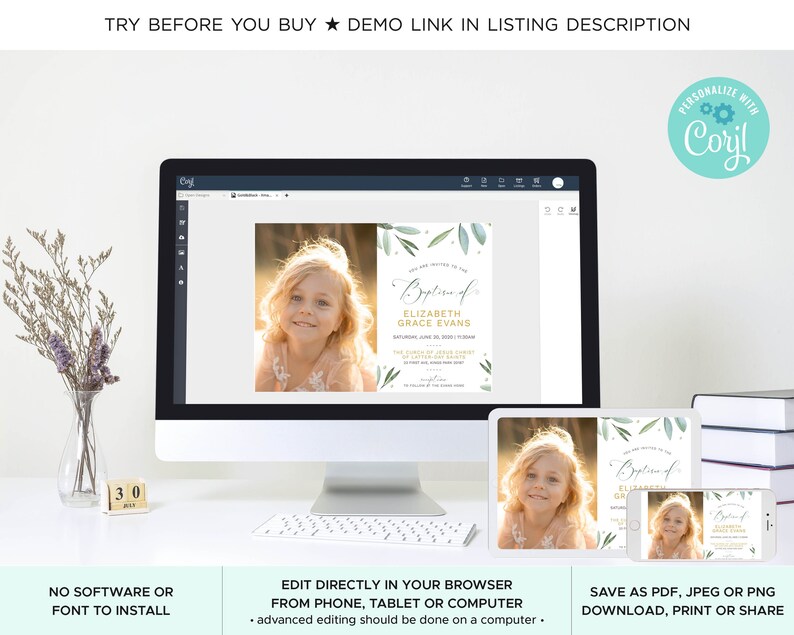May include: A digital mockup of a baptism invitation with a watercolor design of green leaves and gold accents. The invitation features the text "Baptism of Elizabeth Grace Evans". The invitation is displayed on a computer screen, tablet, and phone.