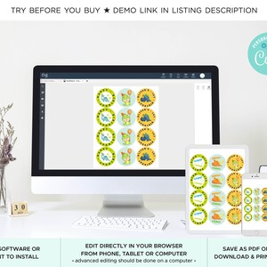 May include: A computer screen displaying a mockup of a set of 12 round stickers featuring a cartoon dinosaur with the text "Happy 1st Birthday Oliver". The stickers are in shades of green, blue, yellow, and orange. The text "TRY BEFORE YOU BUY DEMO LINK IN LISTING DESCRIPTION" is at the top of the image. The text "PERSONALIZE WITH CORYL" is in a circle with a gear icon in the top right corner of the image.