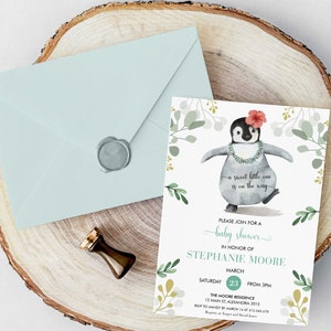 May include: A baby shower invitation featuring a watercolour illustration of a penguin wearing a flower and a lei. The text reads "a sweet little one is on the way." The invitation is for Stephanie Moore on 23rd March from 3pm at The Moore Residence.