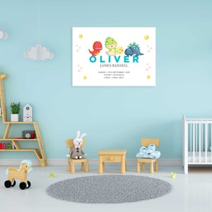 May include: A blue and white dinosaur themed baby nursery print with the name Oliver James Russell, the date Sunday 15th September 2019, the location Sydney, Australia, and the time 2:10am, 3.8kg, 48cm.
