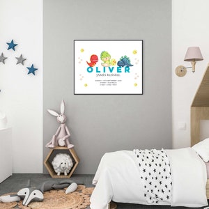 May include: A white and blue dinosaur themed baby announcement print with the name "Oliver James Russell" and the date "Sunday, 15th September 2019".