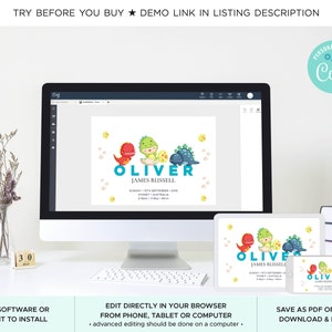 May include: A digital mockup of a printable baby shower invitation featuring a blue, green, and red dinosaur design. The invitation says "Oliver James Russell" and includes the date and time of the event. The text "Try before you buy" and "Demo link in listing description" is displayed at the top of the image. The text "No software or font to install" is displayed at the bottom left of the image. The text "Edit directly in your browser from phone, tablet or computer" is displayed at the bottom center of the image. The text "Save as PDF or JPEG download & print" is displayed at the bottom right of the image.