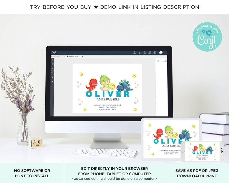 May include: A digital mockup of a printable baby shower invitation featuring a blue, green, and red dinosaur design. The invitation says "Oliver James Russell" and includes the date and time of the event. The text "Try before you buy" and "Demo link in listing description" is displayed at the top of the image. The text "No software or font to install" is displayed at the bottom left of the image. The text "Edit directly in your browser from phone, tablet or computer" is displayed at the bottom center of the image. The text "Save as PDF or JPEG download & print" is displayed at the bottom right of the image.
