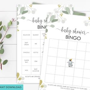 60 voorgevulde baby shower bingokaarten met pinguïn, groen blanco bingo, genderneutraal, INSTANT DOWNLOAD, PBY01
