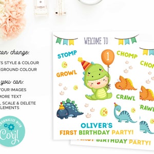 May include: A printable invitation for a dinosaur-themed first birthday party. The invitation features a green dinosaur wearing a party hat and holding a balloon with the number 1 on it. The text "Welcome to Oliver's First Birthday Party!" is printed on the invitation.