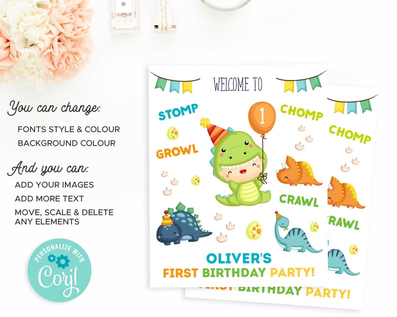 May include: A printable invitation for a dinosaur-themed first birthday party. The invitation features a green dinosaur wearing a party hat and holding a balloon with the number 1 on it. The text "Welcome to Oliver's First Birthday Party!" is printed on the invitation.