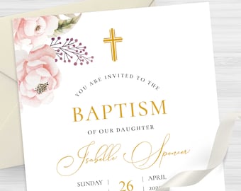 Baptism Invitation Template, Baby Girl Christening Invitation Floral, INSTANT DOWNLOAD - ISABELLE