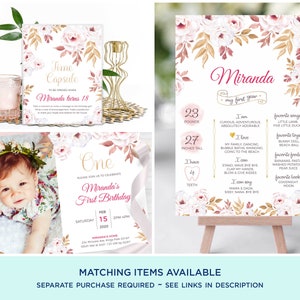 May include: A pink and gold floral first birthday party invitation with a photo of a baby girl wearing a flower crown. The invitation includes the baby's name, age, and date of the party. The invitation also includes a time capsule for guests to write messages to the baby.