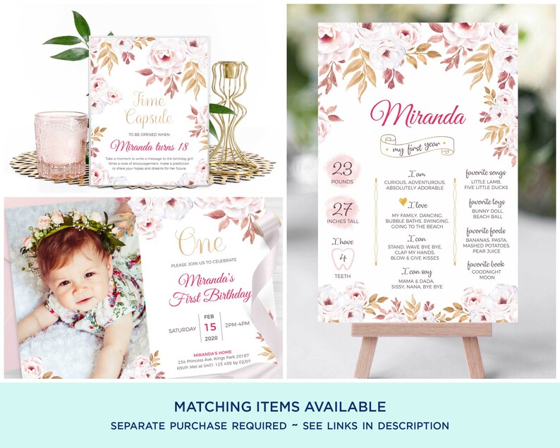 May include: A pink and gold floral first birthday party invitation with a photo of a baby girl wearing a flower crown. The invitation includes the baby's name, age, and date of the party. The invitation also includes a time capsule for guests to write messages to the baby.