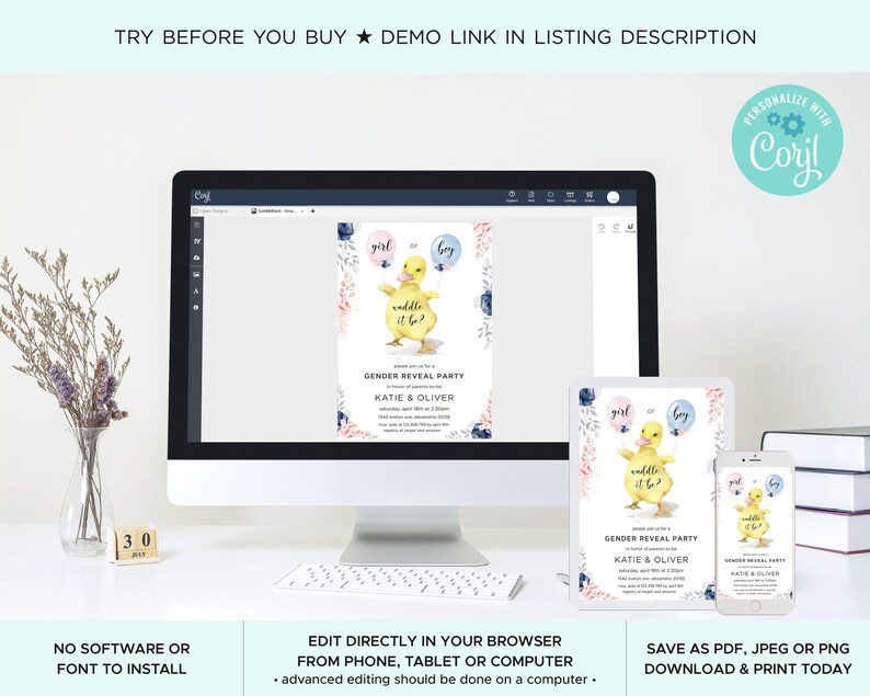 May include: A digital mockup of a gender reveal party invitation featuring a cartoon duck with blue and pink balloons. The invitation text reads "Gender Reveal Party" and "Katie & Oliver".