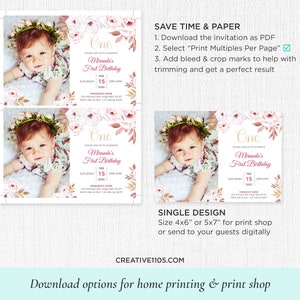 Pu&ograve; includere: Un invito di compleanno stampabile per un primo compleanno con un design floreale con fiori rosa e bianchi. L'invito include il testo "One", "Miranda's First Birthday" e la data "Saturday, Feb 15, 2020".