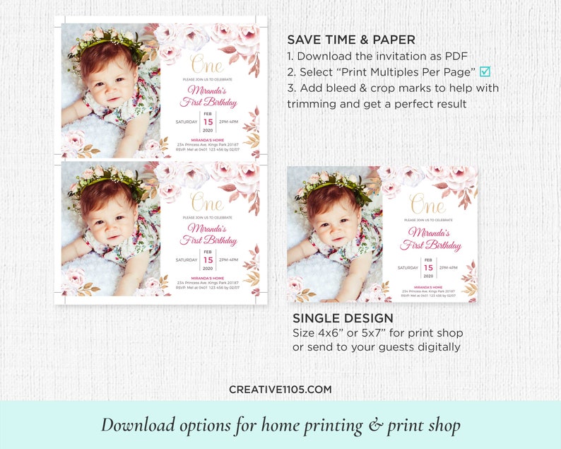 Pu&ograve; includere: Un invito di compleanno stampabile per un primo compleanno con un design floreale con fiori rosa e bianchi. L'invito include il testo "One", "Miranda's First Birthday" e la data "Saturday, Feb 15, 2020".
