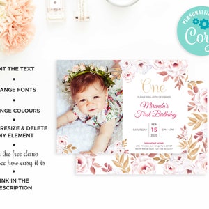 Pu&ograve; includere: Un invito di primo compleanno floreale rosa e bianco con una foto di una bambina che indossa una corona di fiori. L'invito dice "One" e "Miranda's First Birthday" in lettere dorate e rosa. La data e l'ora della festa sono elencate di seguito.