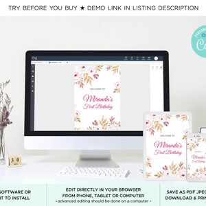 May include: Editable digital printable for a first birthday party. The design features a floral pattern with pink and gold accents. The text reads "Welcome to Miranda's First Birthday".