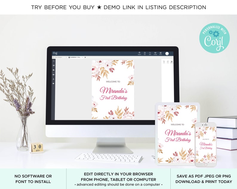 May include: Editable digital printable for a first birthday party. The design features a floral pattern with pink and gold accents. The text reads "Welcome to Miranda's First Birthday".