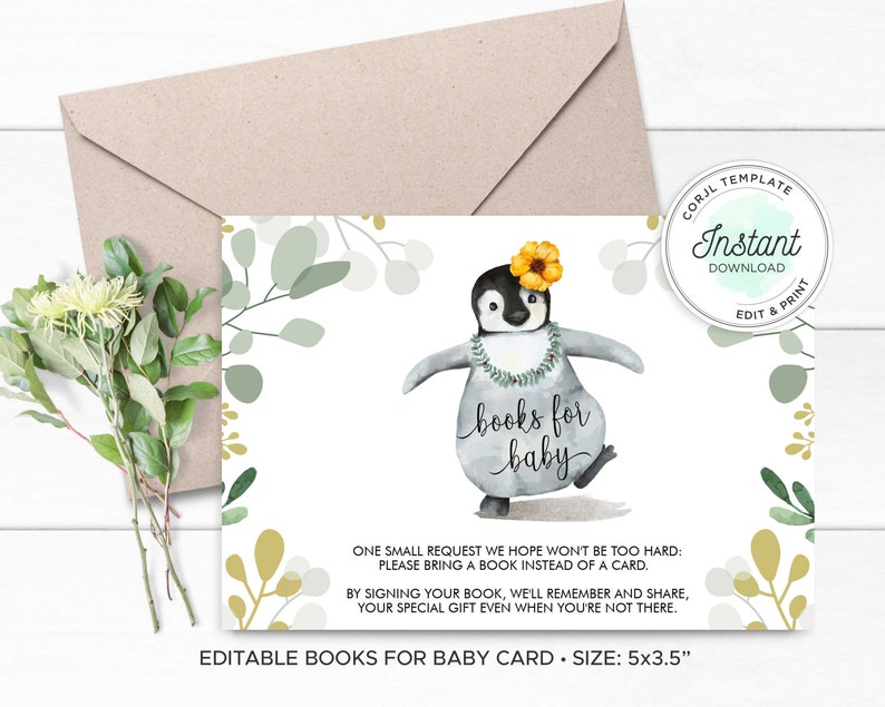 Może przedstawiać: Drukowana karta zaproszenia na baby shower z kresk&oacute;wkowym pingwinem w kwiecie i naszyjniku z kwiat&oacute;w, z tekstem "books for baby". Karta ma zielony i złoty wz&oacute;r kwiatowy i tekst "One small request we hope won't be too hard: Please bring a book instead of a card."