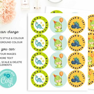 May include: A set of 12 round stickers featuring a green dinosaur wearing a party hat and holding a balloon, a blue dinosaur, and the text "Oliver's 1st Birthday". The stickers are on a white background.