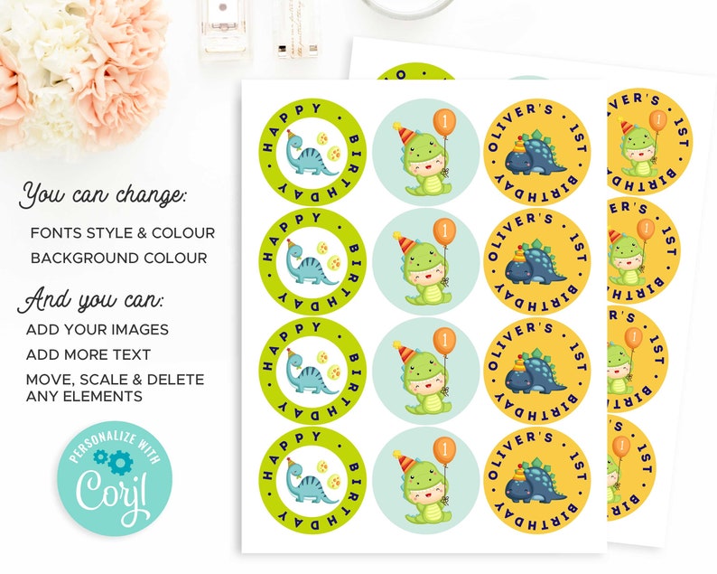 May include: A set of 12 round stickers featuring a green dinosaur wearing a party hat and holding a balloon, a blue dinosaur, and the text "Oliver's 1st Birthday". The stickers are on a white background.